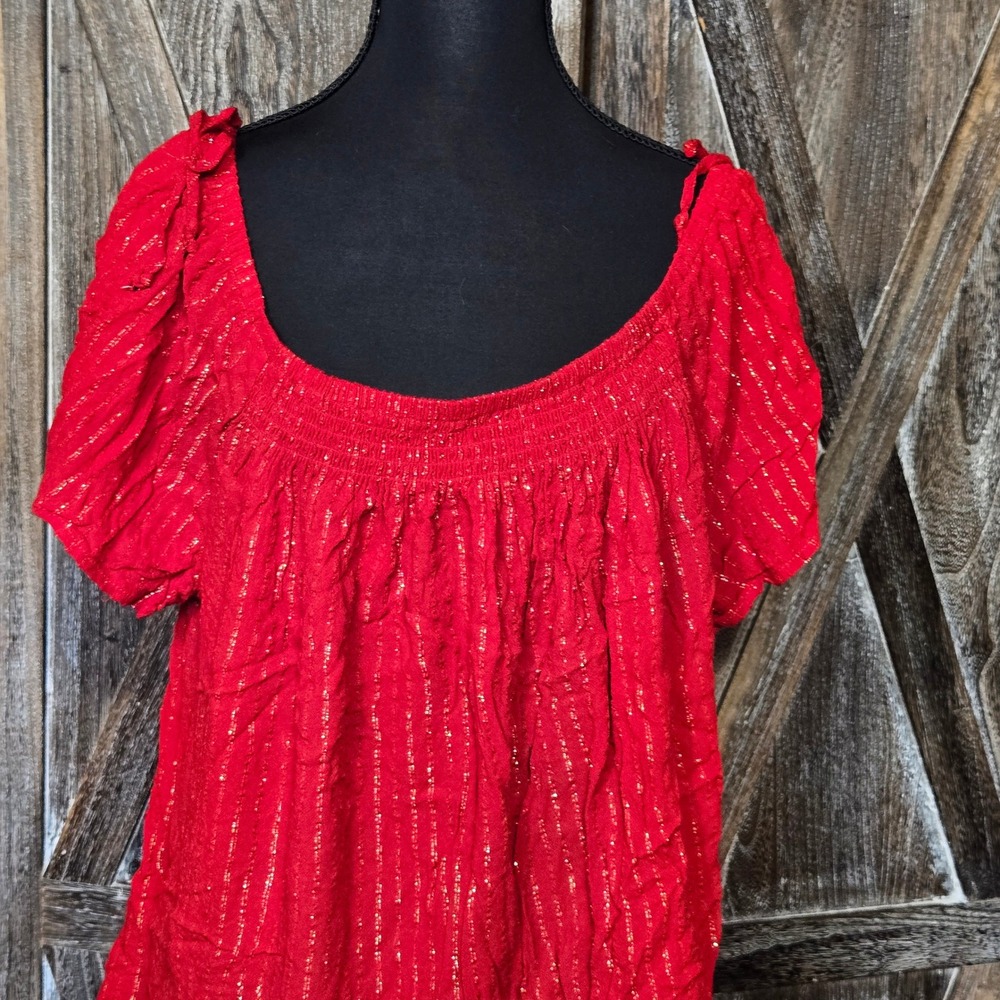 Maurices Red Gold Metallic Pinstripe Smocked Blouse Plus Size 2 Puff Sleeve Top